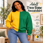 Load image into Gallery viewer, Woman wearing a gold and green adult two-tone crewneck sweatshirt in a living room, with soft, durable, classic fit and bold two-tone style callouts

