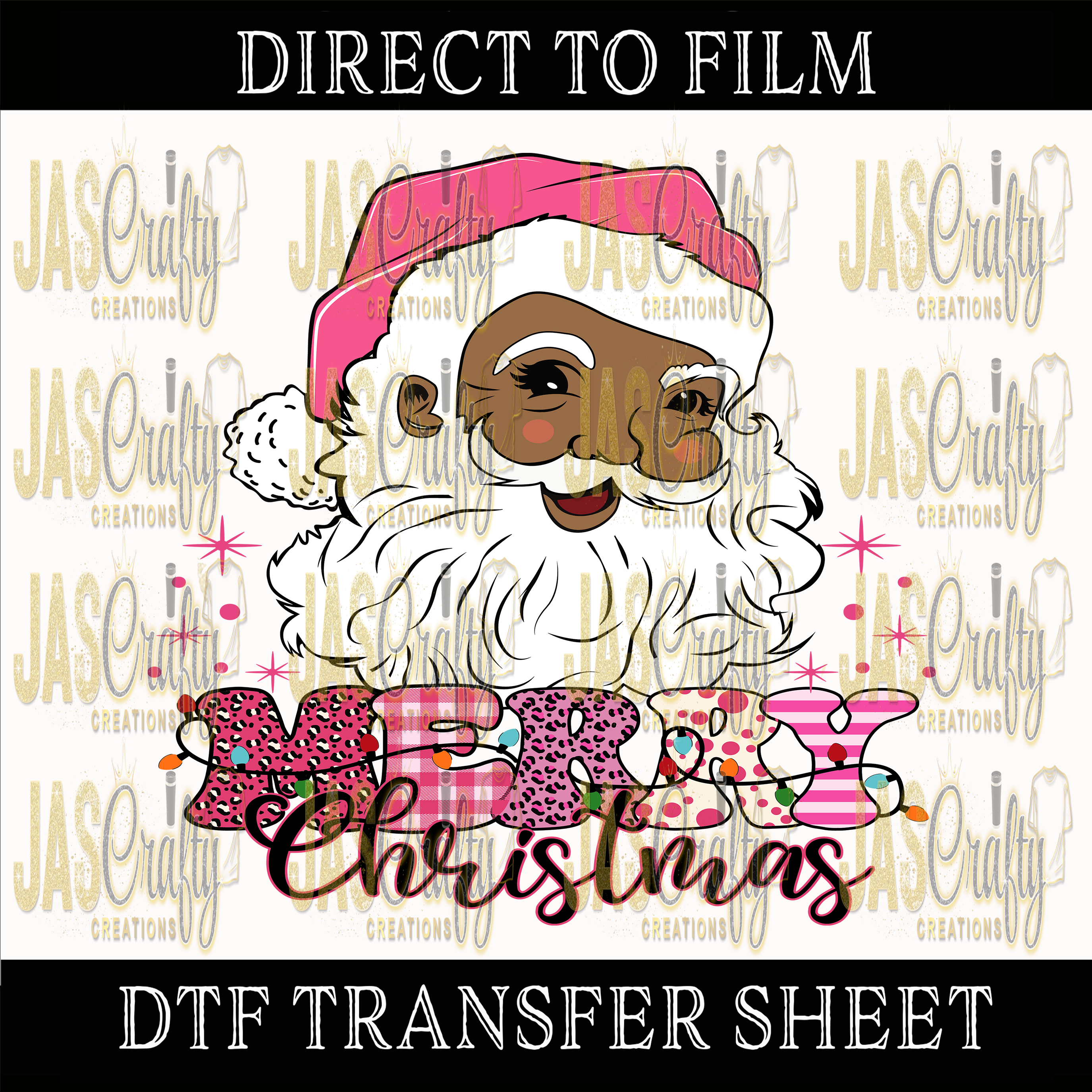 BLACK SANTA PINK MERRY CHRISTMAS READY TO PRESS TRANSFER