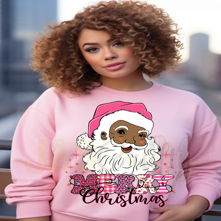 BLACK SANTA PINK MERRY CHRISTMAS READY TO PRESS TRANSFER