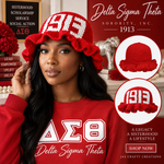 Load image into Gallery viewer, DST Sorority Red Crochet Ruffle 1913 Bucket Hat
