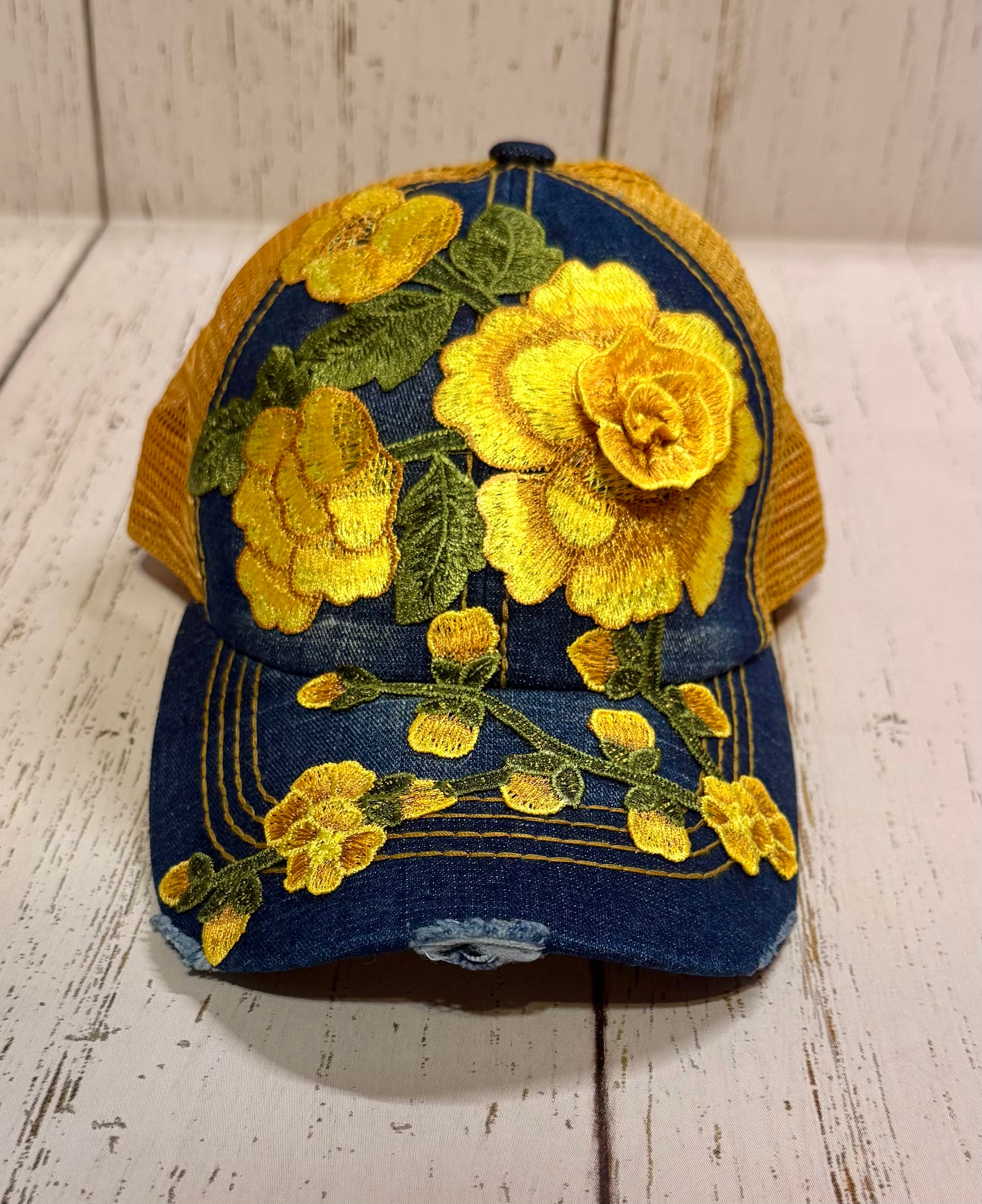 DISTRESSED DENIM FLORAL HAT