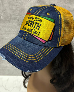KNOW YOUR WORTH THEN ADD TAX DISTRESSED DENIM TRUCKER