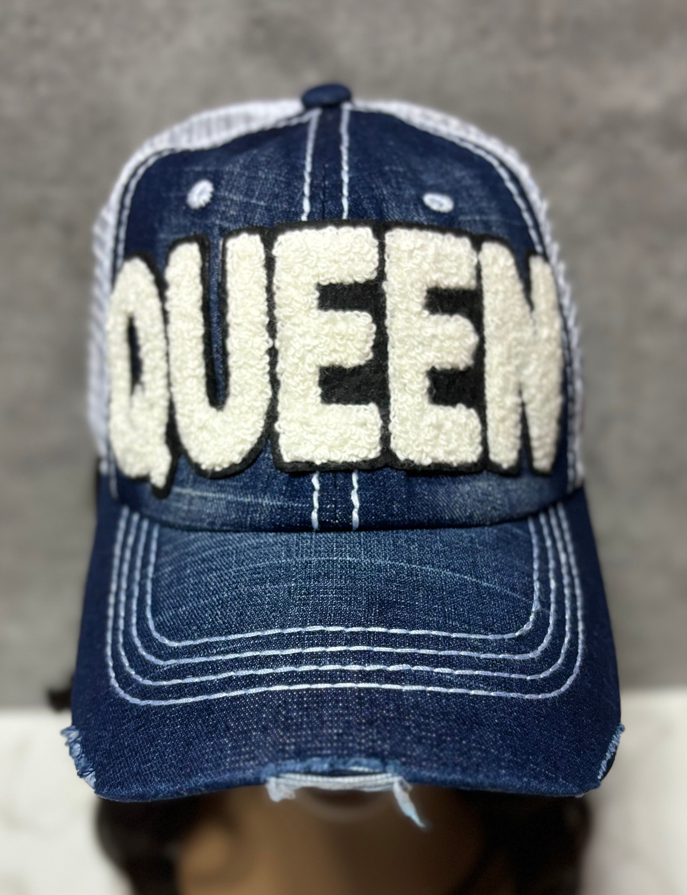 QUEEN CHENILLE  DISTRESSED DENIM TRUCKER