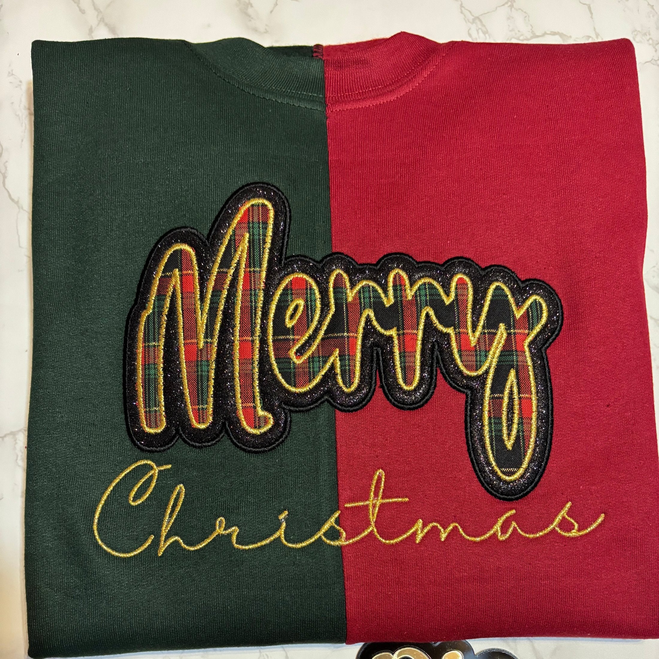 MERRY CHRISTMAS PLAID TWO TONE EMBROIDERED SWEATSHIRT