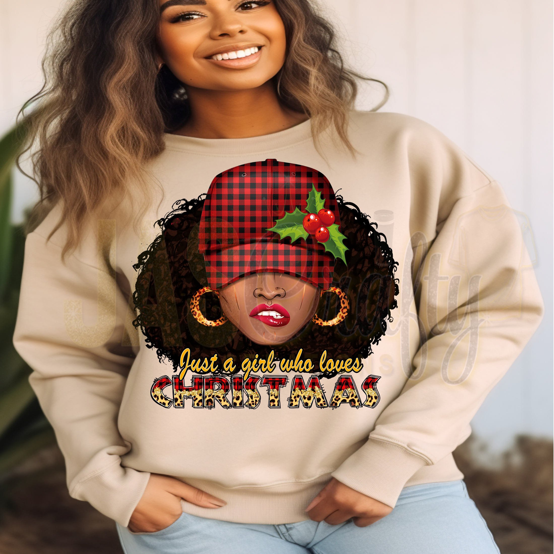 JUST A GIRL WHO LOVES PLAID HAT CHRISTMAS  SWEATSHIRT