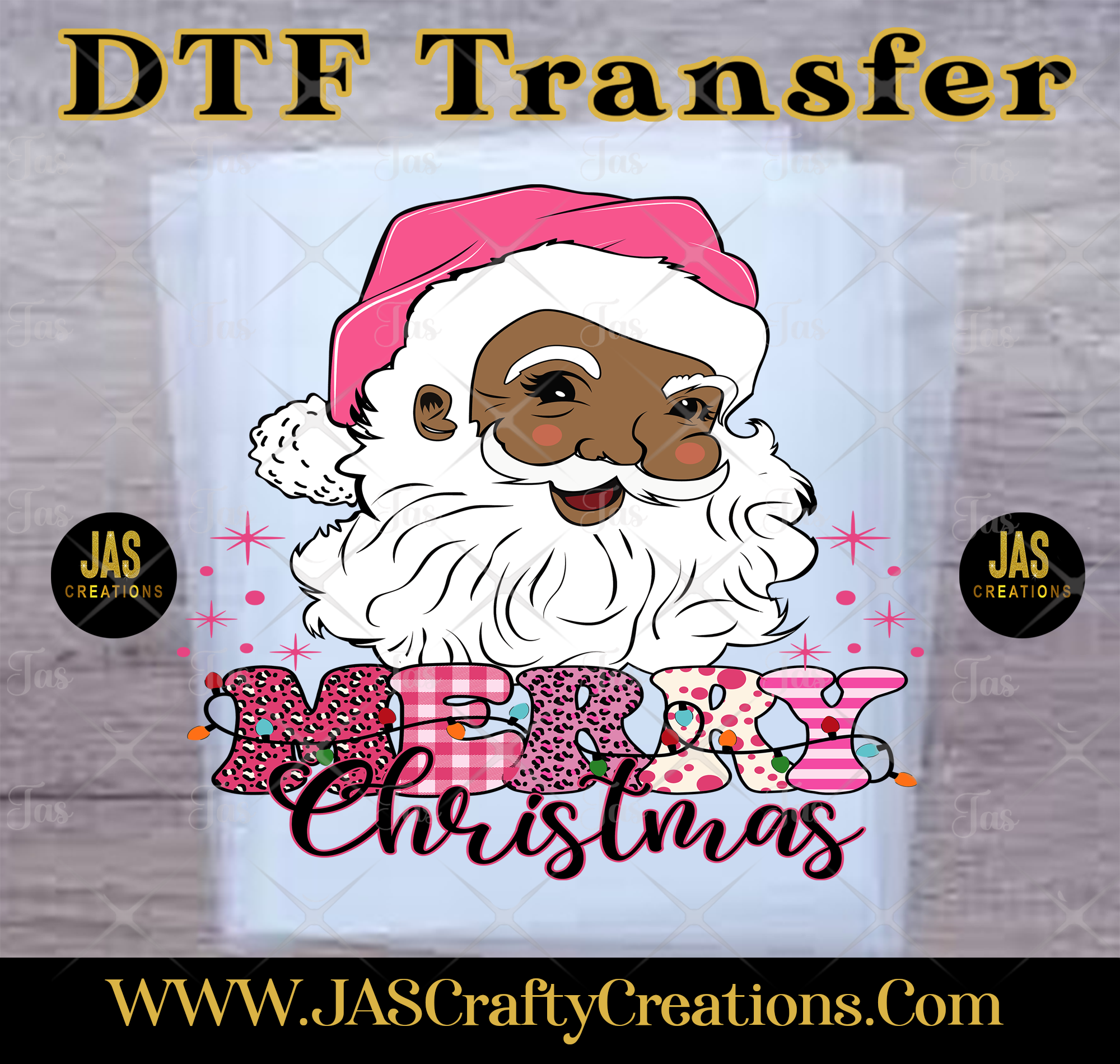 BLACK SANTA PINK MERRY CHRISTMAS READY TO PRESS TRANSFER