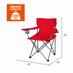 Load image into Gallery viewer, Red folding camping chair with cup holder and armrests, dimensions 32 inches wide, 32 inches tall and 19 inches deep, 250 lb weight capacity
