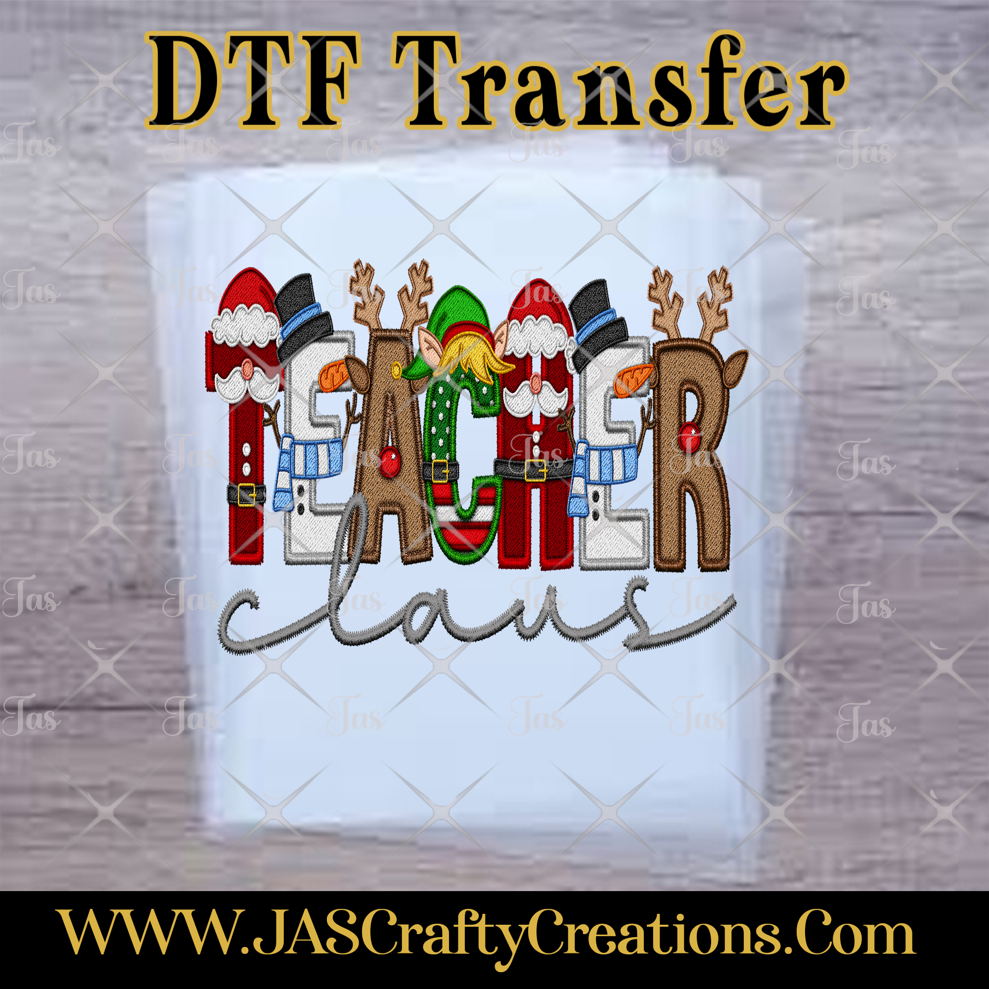 TEACHER CLAUS FAUX EMBROIDERY  READY TO PRESS TRANSFER