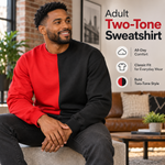 Load image into Gallery viewer, Man wearing a red and black adult two-tone crewneck sweatshirt seated in a living room, with all-day comfort, classic fit and bold two-tone style callouts
