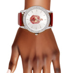 Load image into Gallery viewer, DST Red Leather Silver Sun Cut Dial Watch Women
