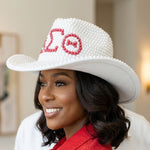 Load image into Gallery viewer, DST Sorority White and Red Pearl Fedora Hat Women
