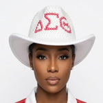 Load image into Gallery viewer, DST Sorority White and Red Pearl Fedora Hat Women
