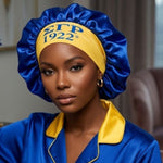 Load image into Gallery viewer, SGRHO Blue Silky Satin &amp; Contrast Band Sleep Bonnet
