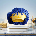 Load image into Gallery viewer, SGRHO Blue Silky Satin &amp; Contrast Band Sleep Bonnet
