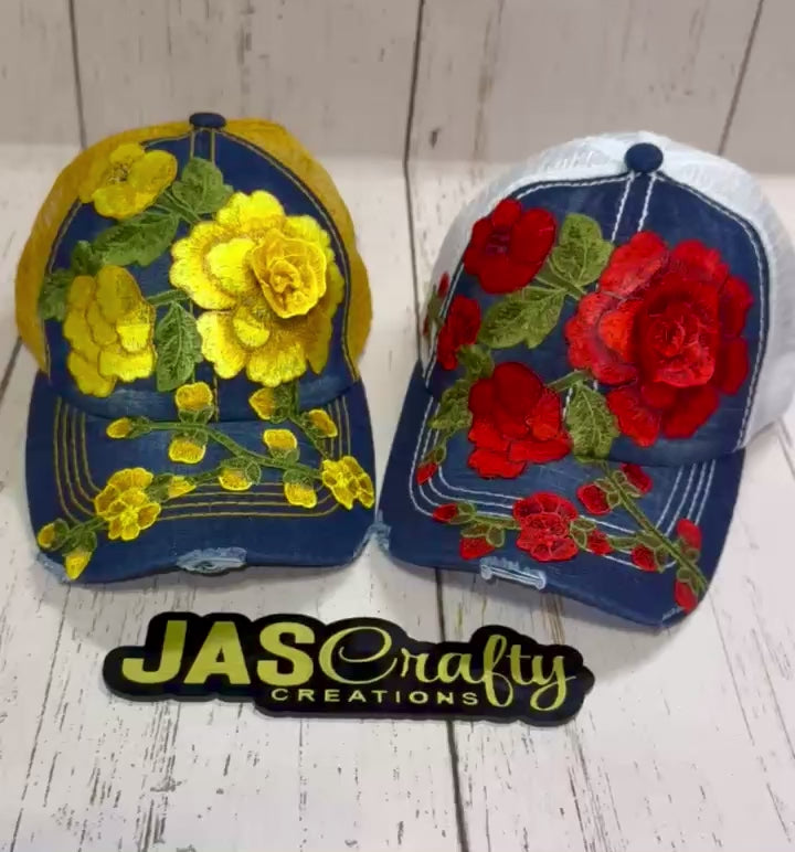 DISTRESSED DENIM FLORAL HAT